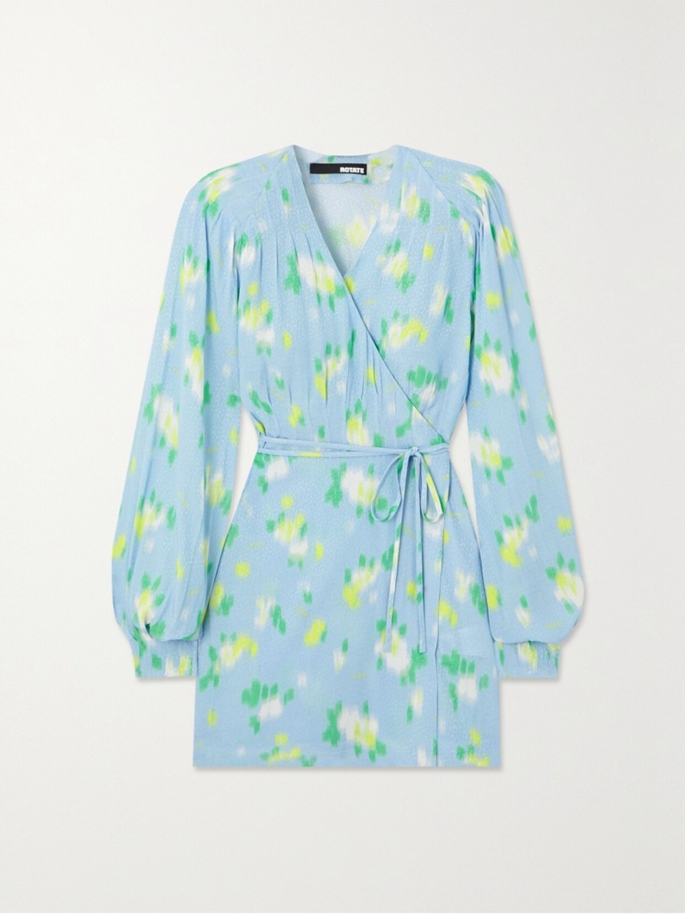 Rotate Birger Christensen Pale Blue Floral Tie-Waist Long Sleeve Dress